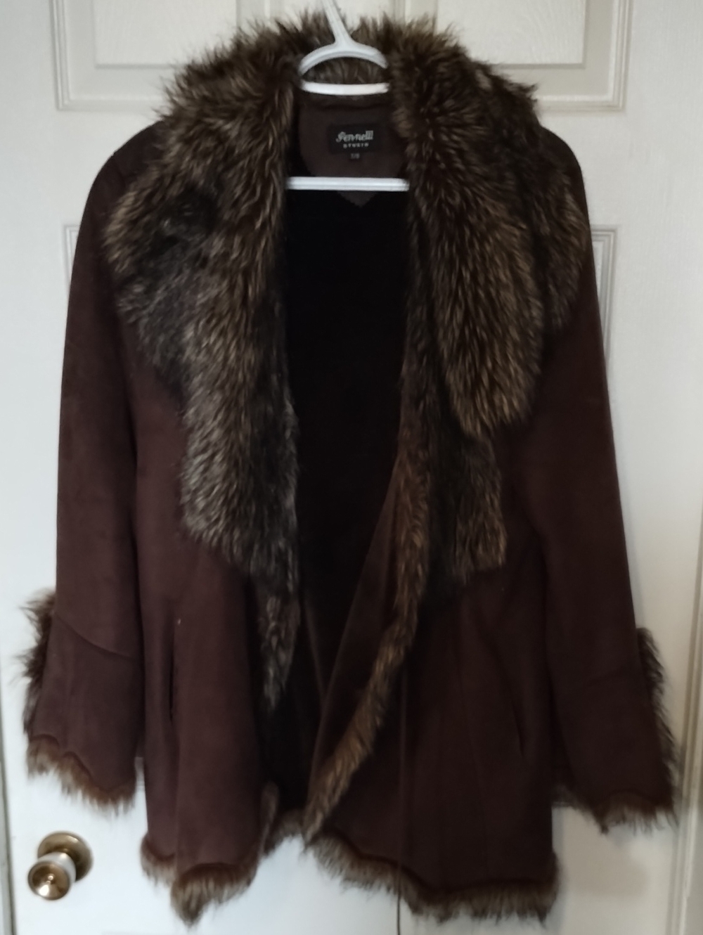 Brown Vintage Style, Boho Faux-Suede Teddy Coat with Faux-Fur Trim Size 7/8